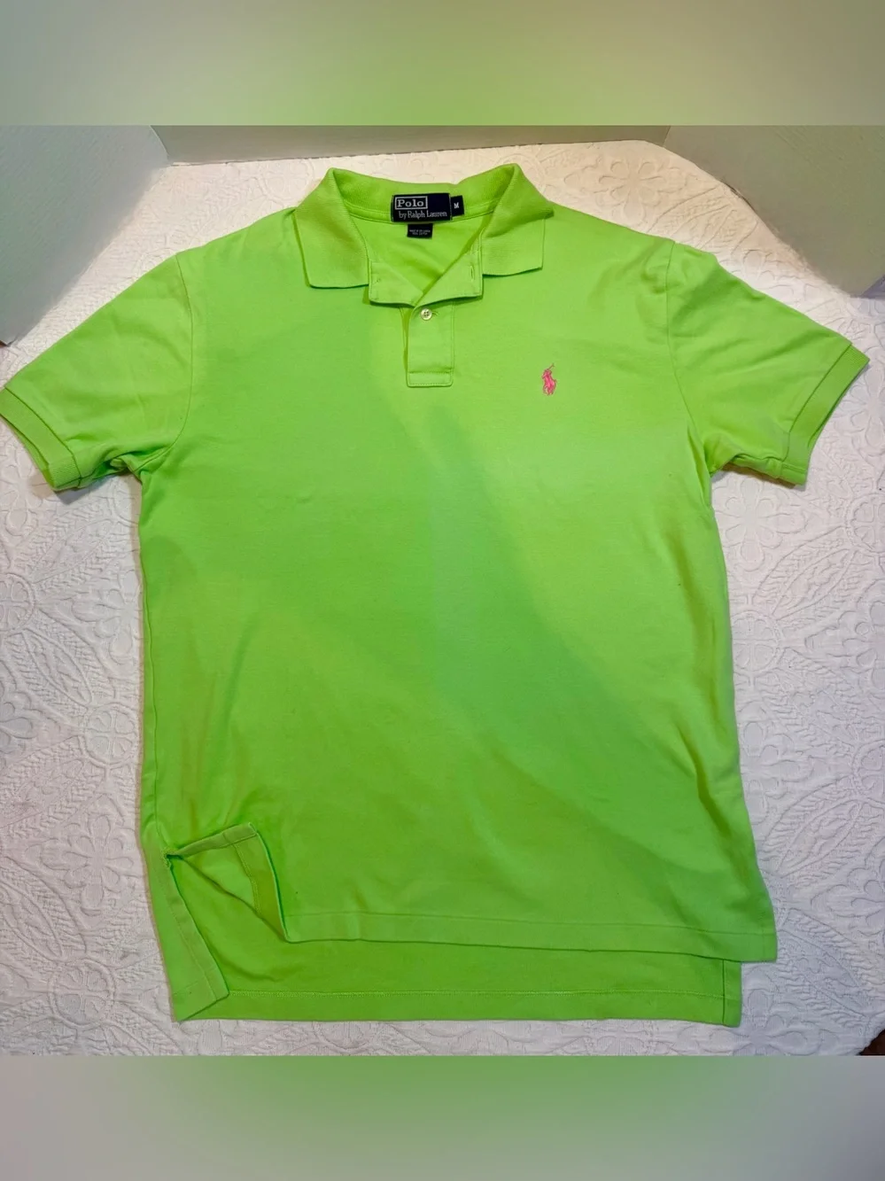 Ralph Lauren Lime Green Polo Shirt with Pink Pony Womens M Short Sleeves Classic